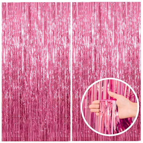 BOMSI 2 Pack Pink Backdrop Party Decorations Tinsel Curtain Party Backdrop Foil Fringe Birthday Decorations Photo Booth Streamer Backdrop Pink Theme Bachelorette Graduation Party Decorations