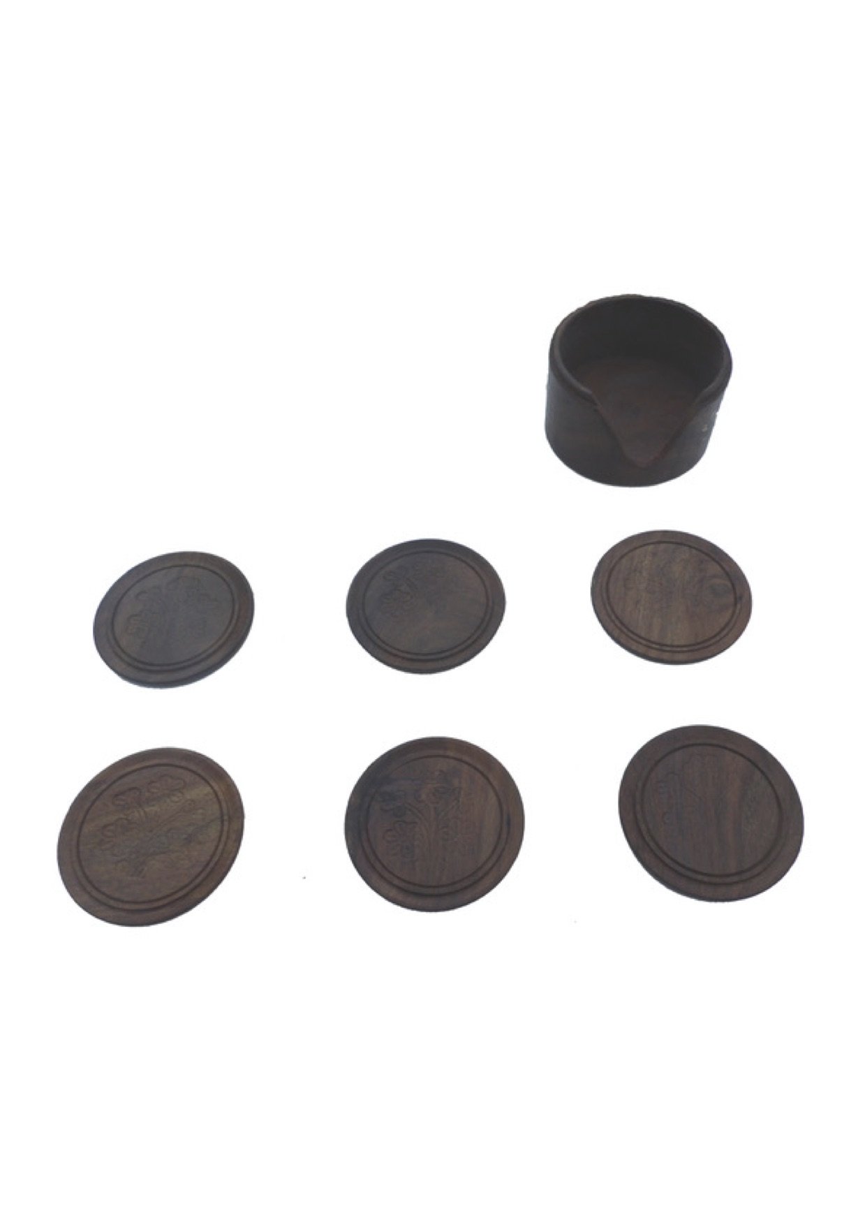 The Online Bazaar Set of 7 Wooden Round Flower Print Design Table or Desk Coasters in a Wooden Holder With a Brass Flower Design