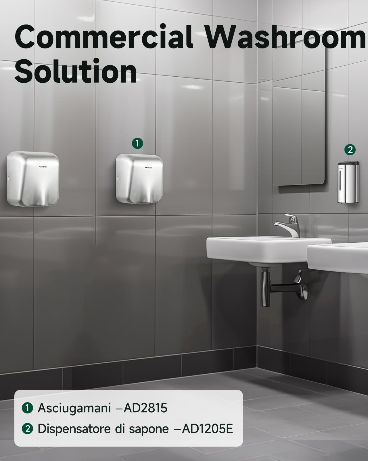 anydry IronStorm 2815 Asciugamani Commerciale con Filtro HEPA - Sensore touchless 1600W, Asciugatura Rapida 7-10s, Acciaio Inossidabile Spazzolato (Lucidato)