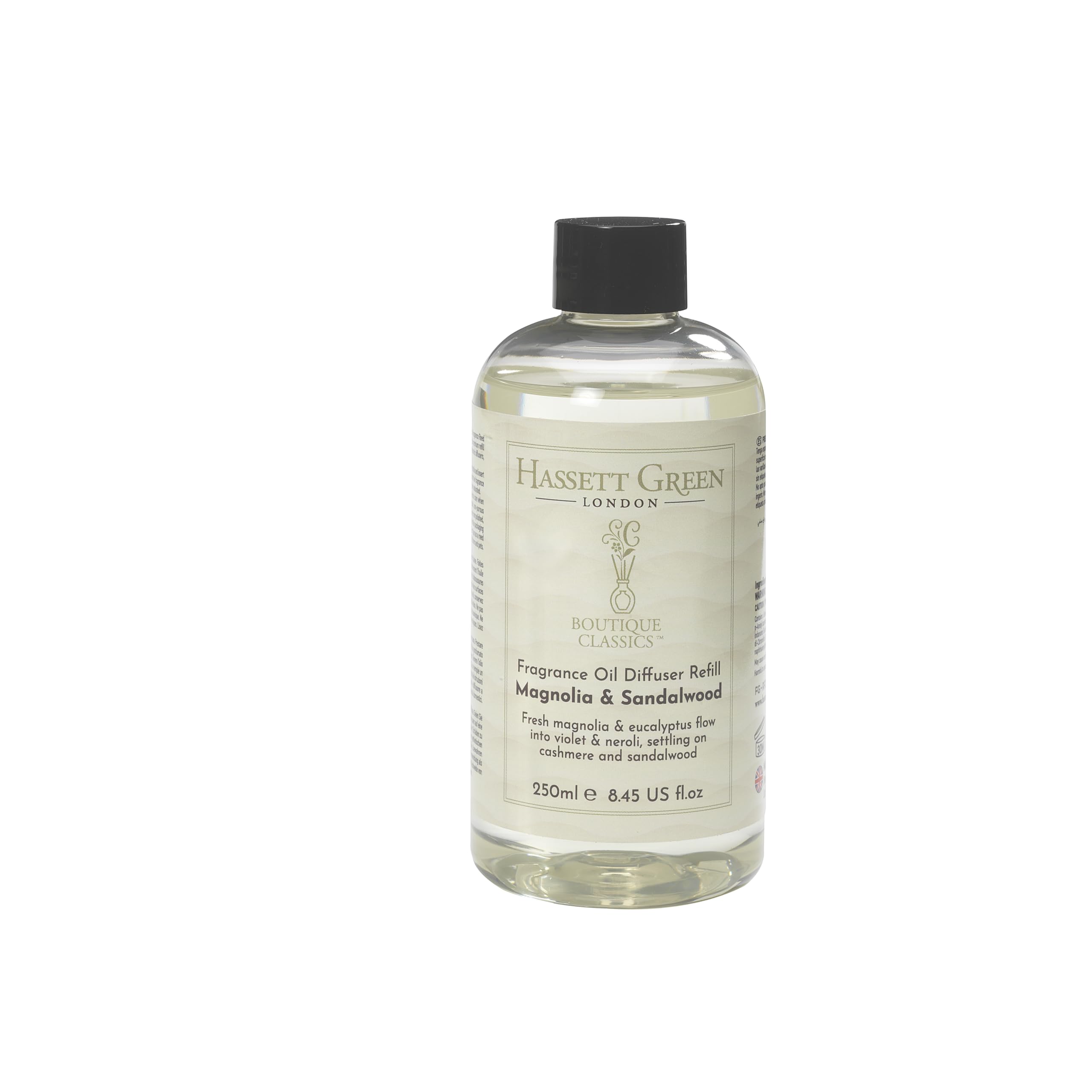Hassett Green London Boutique Classics Magnolia & Sandalwood - Fragrance Oil Reed Diffuser Refill - Larger Size 250ml Bottle