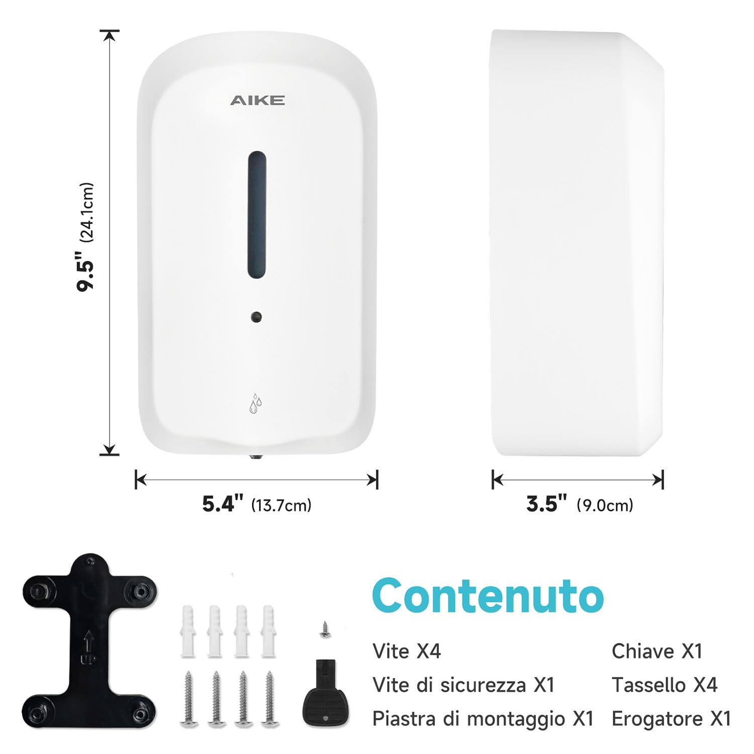 AIKE 1000 ML Distributore Automatico Di Sapone A Parete, Design A Prova Di Manomissione Per Uso Pubblico E Commerciale, AK1226S