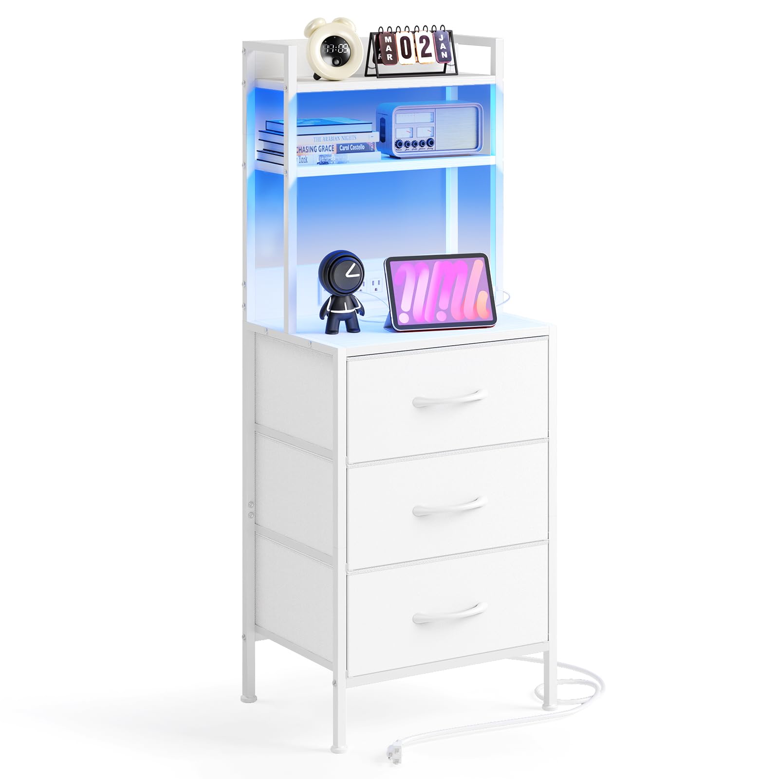 Fixwal Tall Nightstand with Charging Station, 41 Inch Led Night Stand with U-S-B Port & Socket, 3 PU Finished Fabric Storage Drawers, Office, Bed Side