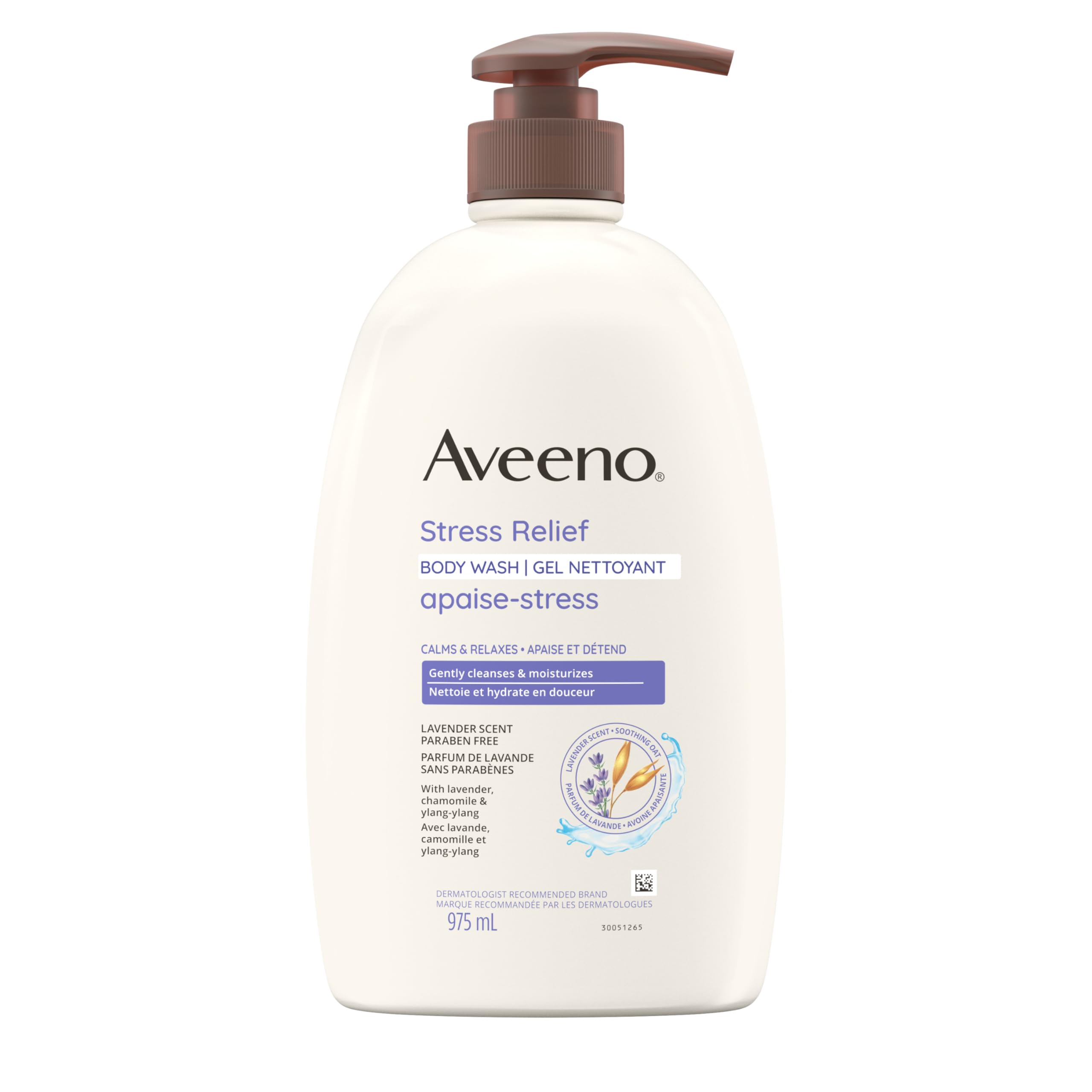 Aveeno Stress Relief Body Wash, Lavender, Chamomile, Ylang Ylang Oil, Oat, Skin Cleanser, 975mL