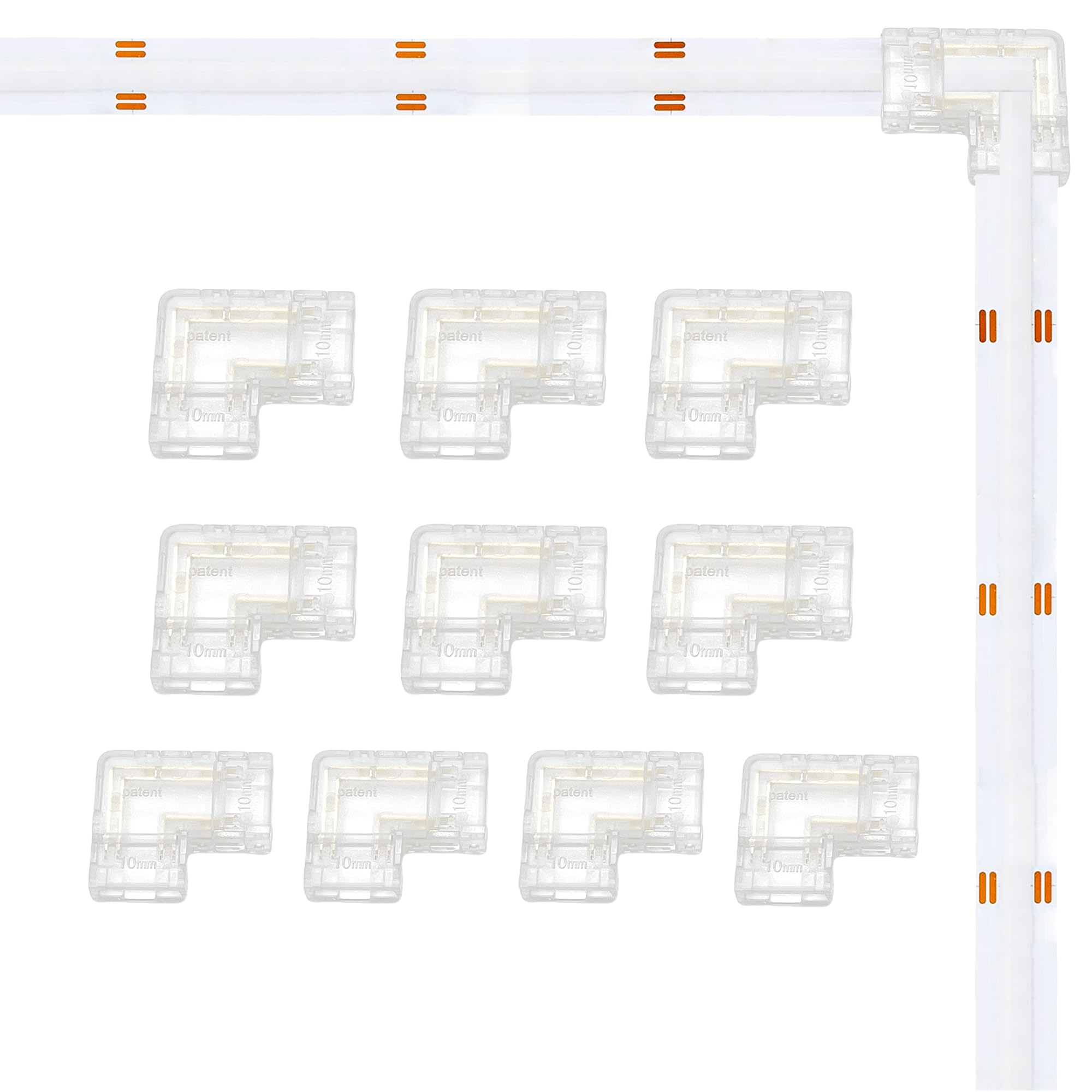 Clearhill White 10Mm 4Pin 10Pcs Transparent Solderless L-Shape Cob Led Strip Connectors,90°Right Angle Corner Joints For Double Color 5V/12V/24V Led Strips,No Soldering Required,Secure Connection.