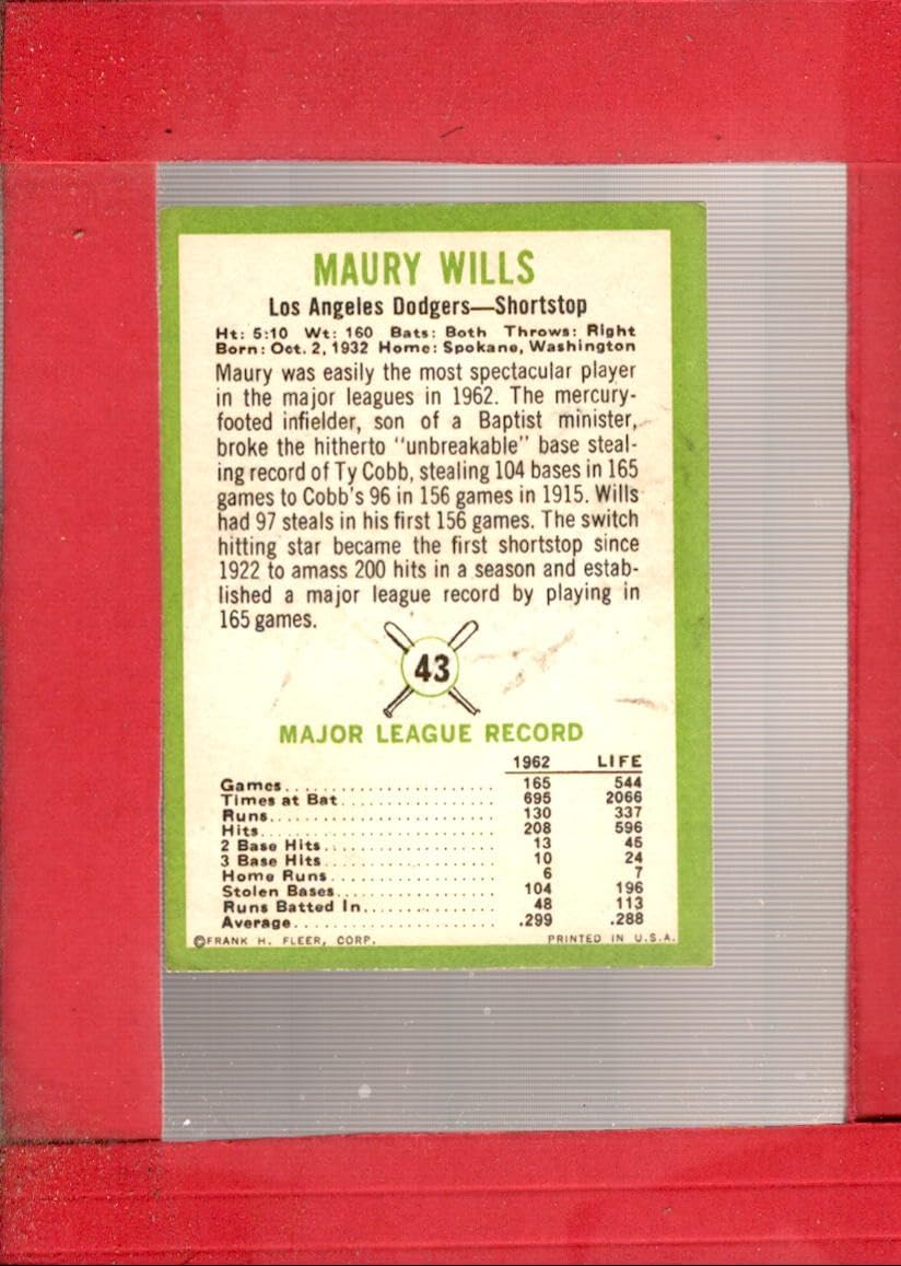 1963 Fleer #43 Maury Wills EX Excellent RC Rookie Los Angeles Dodgers Baseball