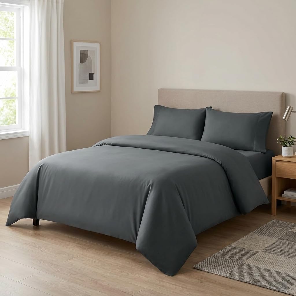 M&J Home Grey King Single Duvet Cover Set 4 Piece Microfibre - Duvet Cover, 35cm Extra Deep Fitted Sheet & Pillowcases โ image 1