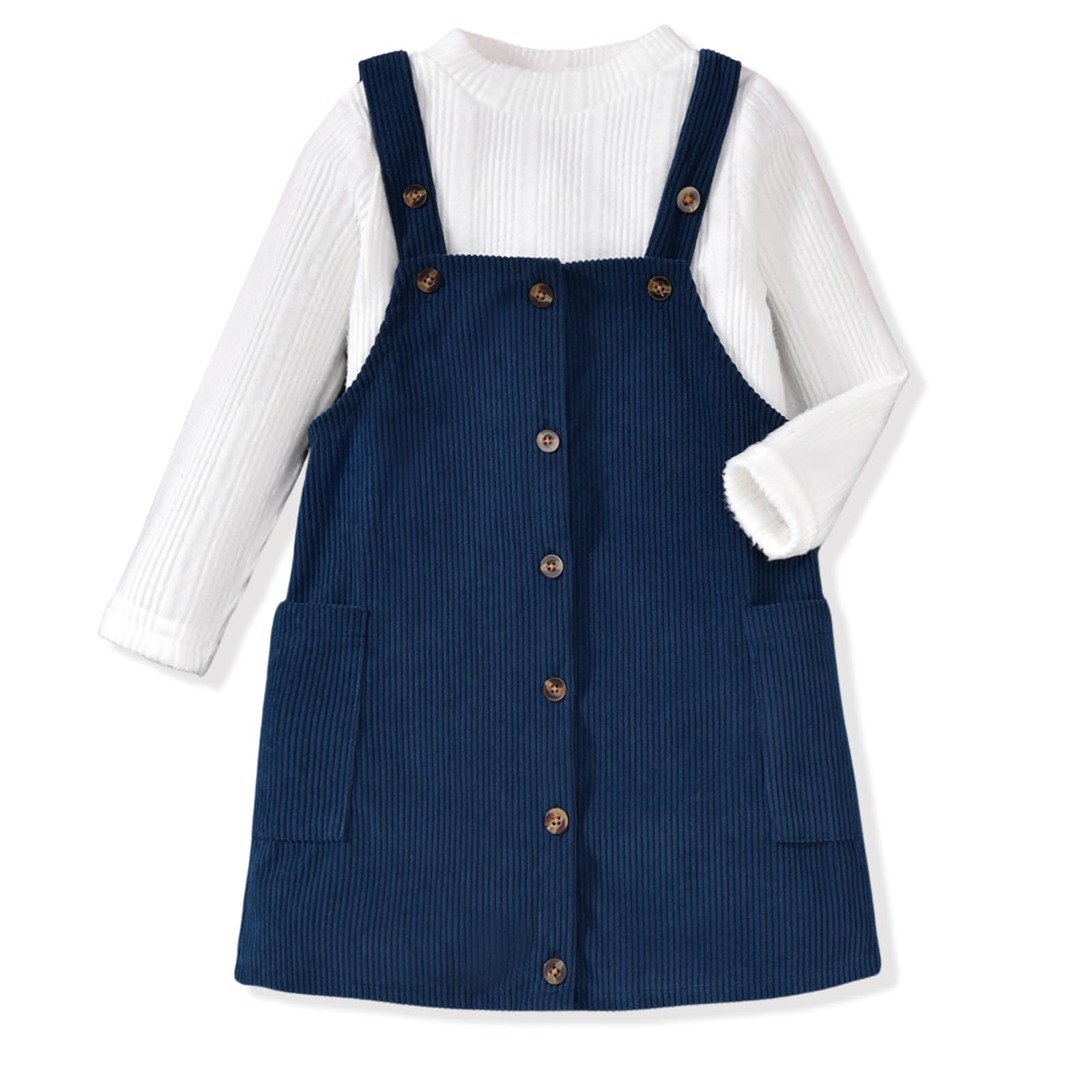HINTINA Toddler Little Girl Corduroy Button Down Overall Dress Set 2-7Y