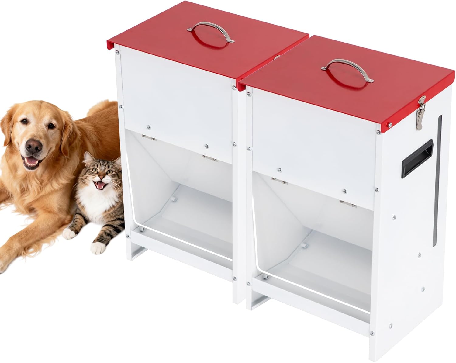 Metal Automatic Dog Feeder - 25LBS Capacity Automatic Gravity Dispenser, Powder Coated & Waterproof for Indoor & Outdoor Use, 12.3" L x 10.5" W x 21.3" H, Red and White