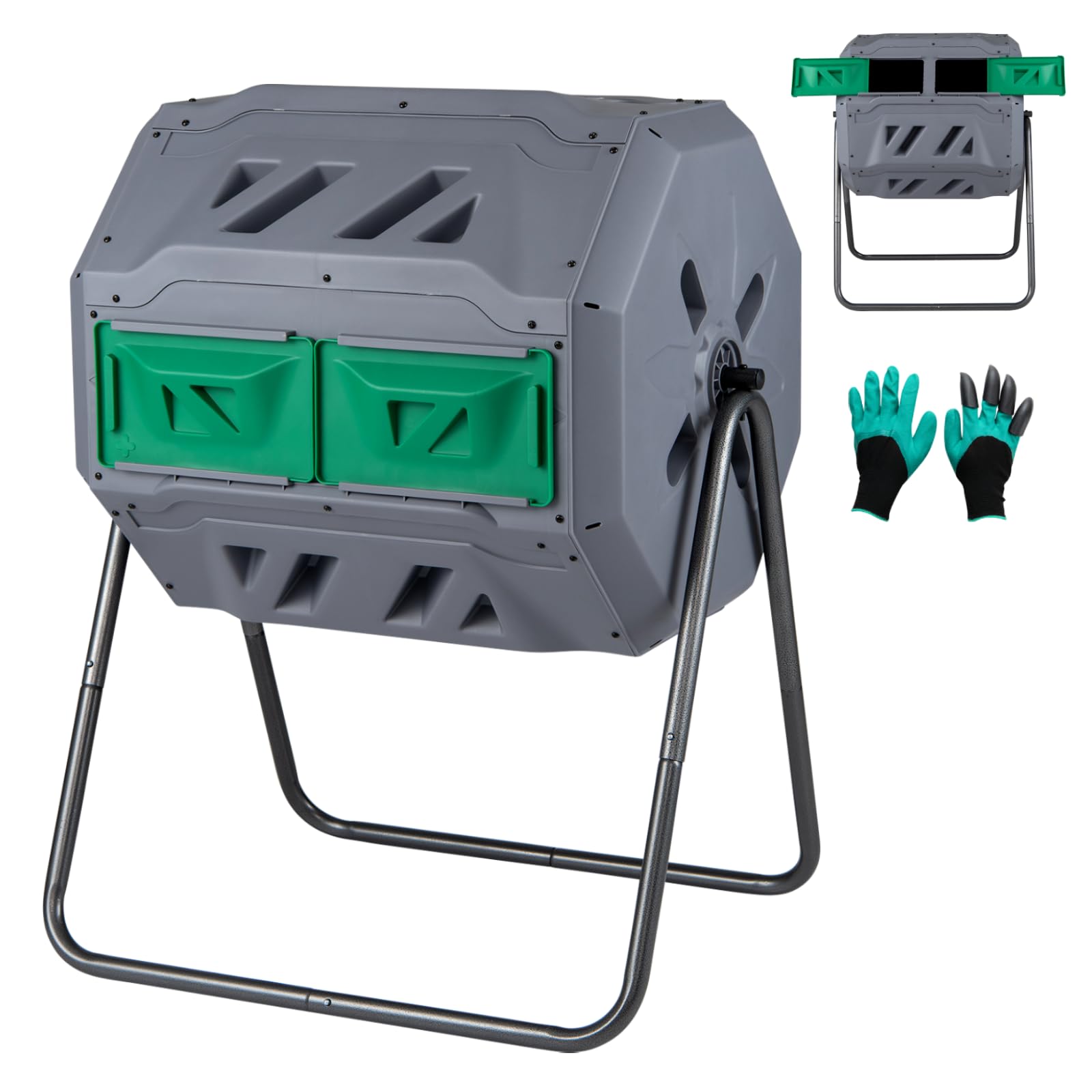 GiantexUK 160L Garden Tumbling Composter, Dual Chamber Compost Tumbler Bin with 2 Sliding Doors, Rotating Waste Bin Composting Tumbler (160L, Grey+Green)