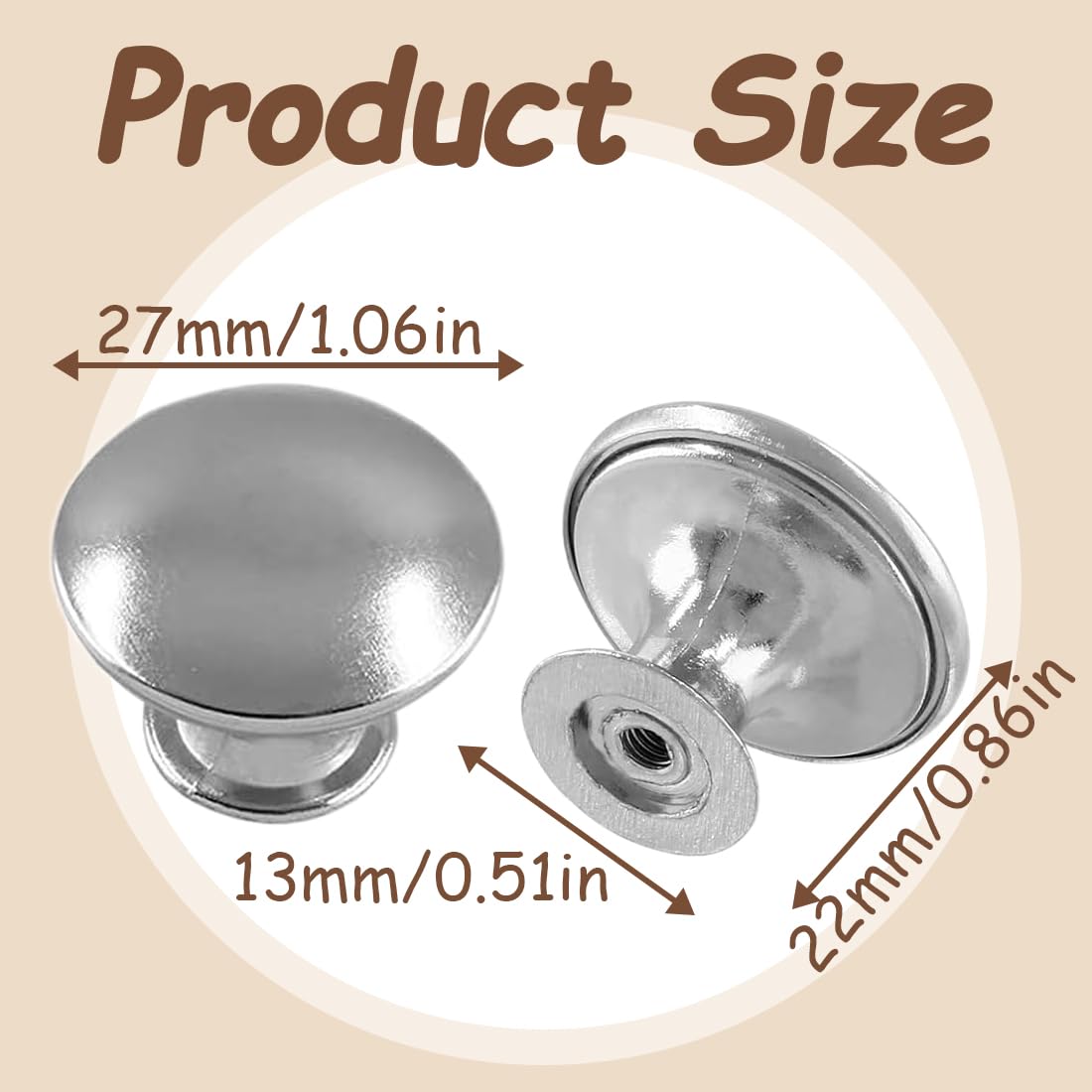 15 Pomelli per Mobili, maniglie per cassetti in acciaio inox, maniglie rotonde da 27 mm con foro singolo e vite, maniglie per cassettiera (argento)