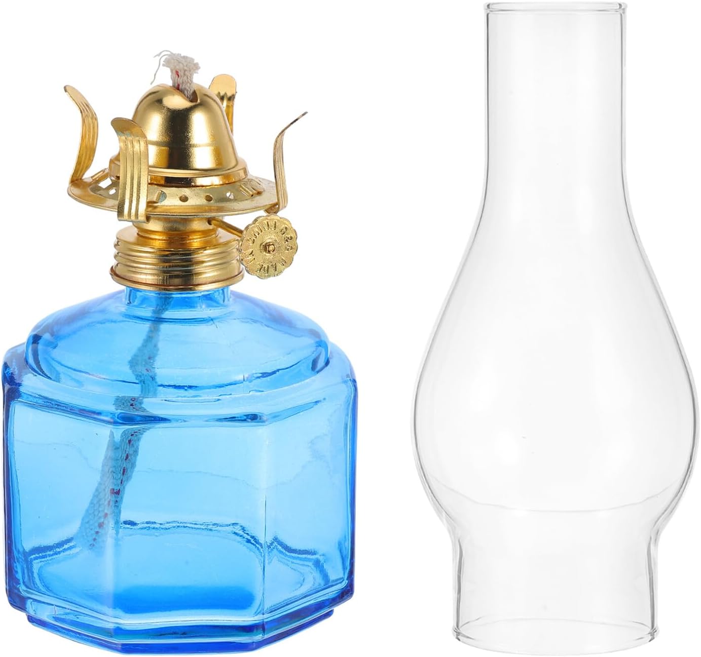 Wakauto Vintage Blue Glass Kerosene Oil Lamp, Polygonal Hurricane Lantern with Windproof Design, Indoor Outdoor Decorative Oil Lamp for Home and Camping Use