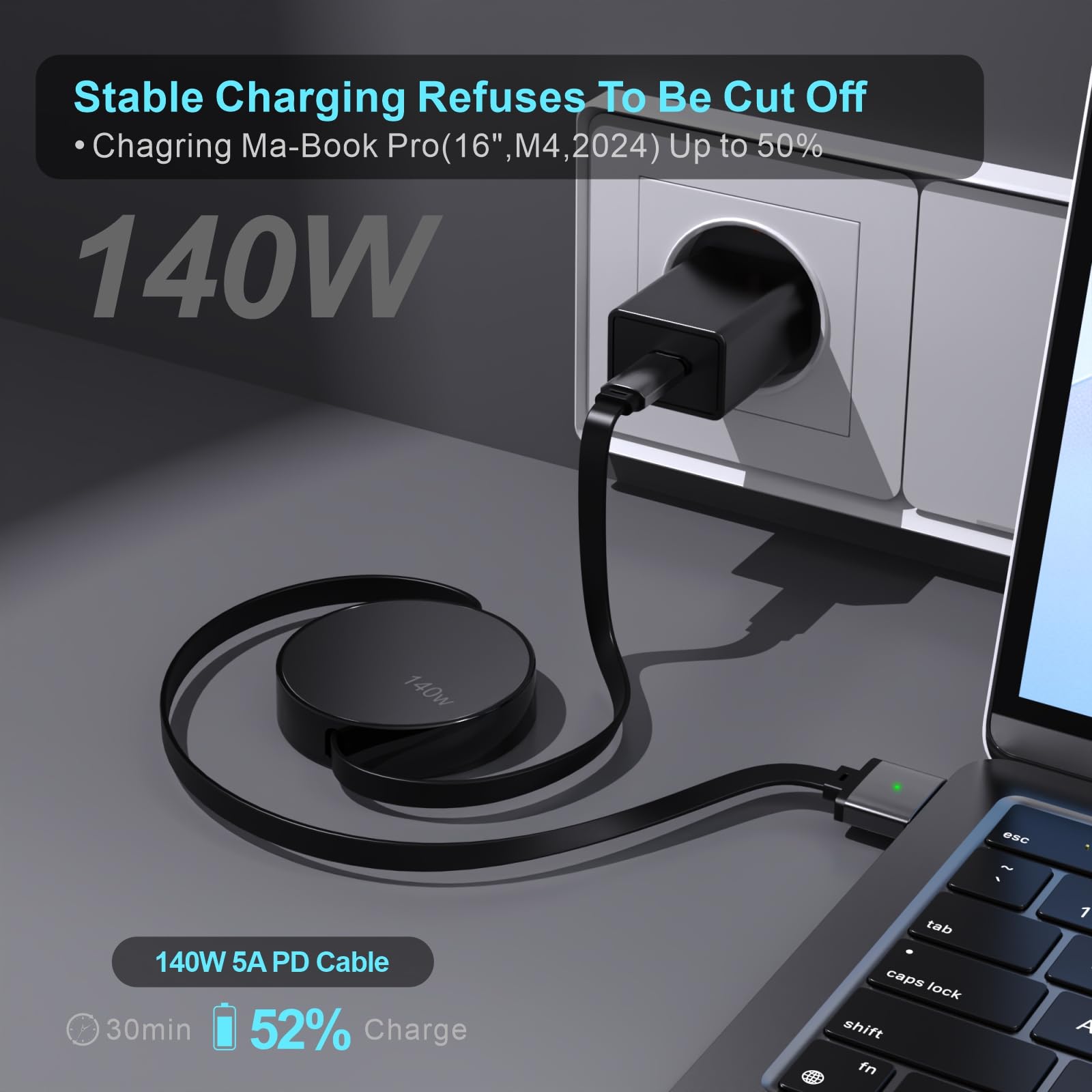 Cavo retrattile da USB-C a magnetico 3, 140 W, compatibile con cavo Magsafe 3 per MacBook Air 2024 M3 13/15", 2023/2022 M2, Pro 2024/2023 M4/M2 Pro e Max 14" 16", 2021 M16 & Max 3 5,6 cm, 40,6 cm