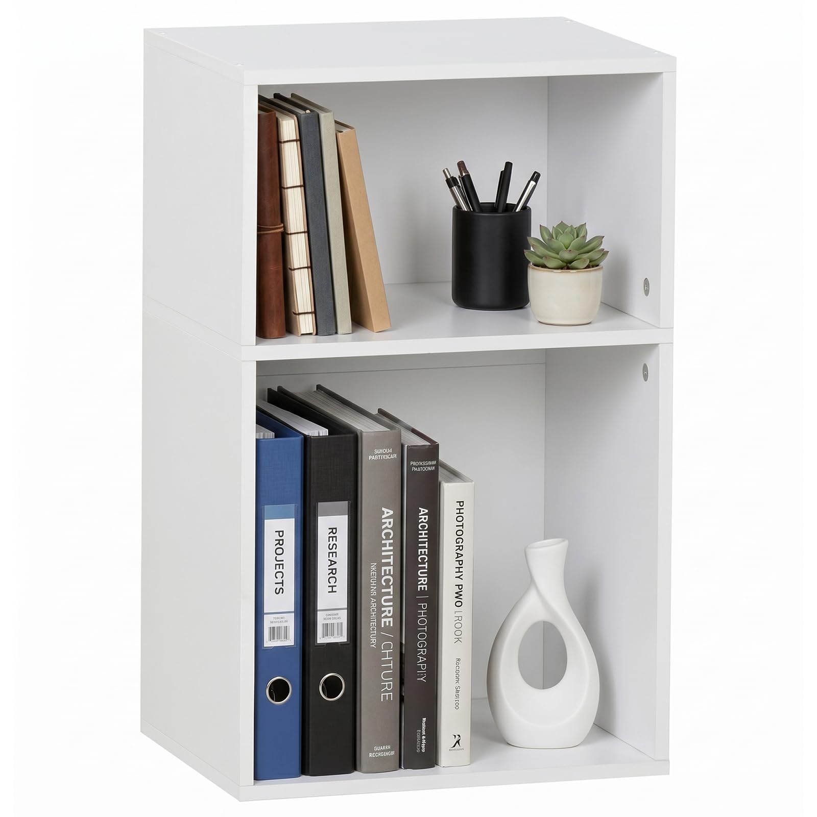 YAHARBO 2 Cube Bookshelf, White Record Player Stand with Vinyl Storage Up to 100 Albums, Horizontal Low Book Shelf, Mini Bookcase with Storage Organizer, Small Turntable Stand for Living Room, Bedroom