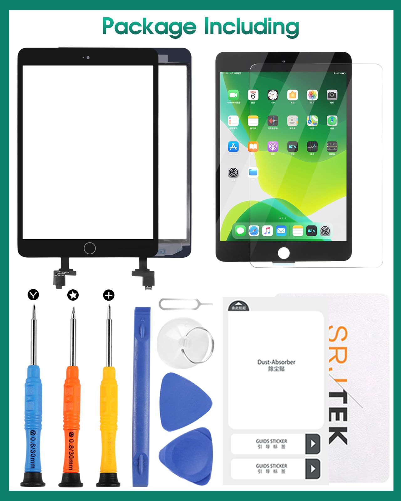 per iPad Mini 1 2 Touch Screen Digitizer Vetro di Ricambio per A1432, A1454, A1455, A1489, A1490 Touch Display Panel Kit Parti di Riparazione(Non LCD, con Pulsante Home) (Nero)