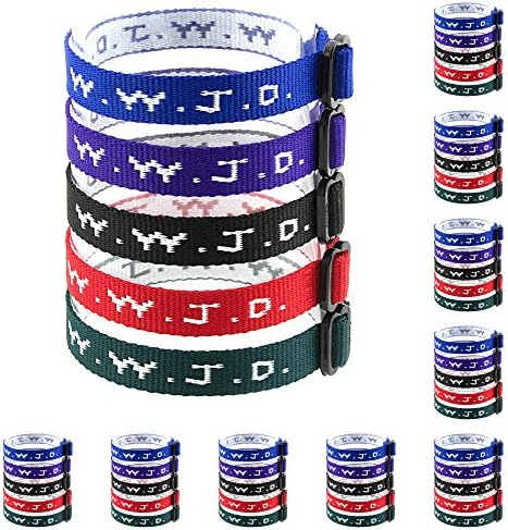 100 WWJD Bracelets - What Would Jesus Do Woven Wristbands Per Pack - Religious Christian WWJD Bracelet for fundraisers Red, Green, Blue, Black and Purple Colors Perfect for Men Women Boys and Girls