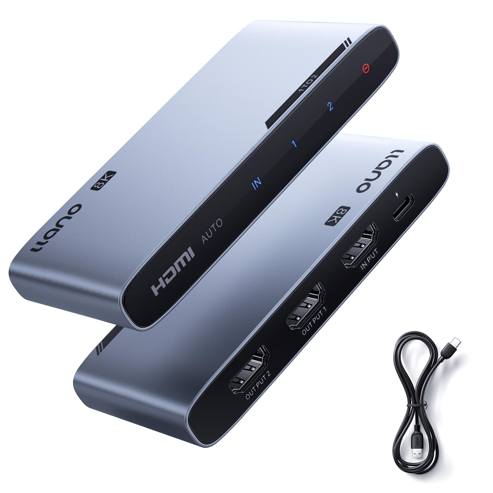 HDMI 2.1 1 in 2 Out Splitter, 8K@60Hz 4K@120Hz/240Hz, HDCP 2.3, HDR10, Dolby Vision, Aluminium Housing HDMI 2.1 Splitter for PS5/Xbox Series X/Apple TV/Laptop/Monitor/Projector etc.