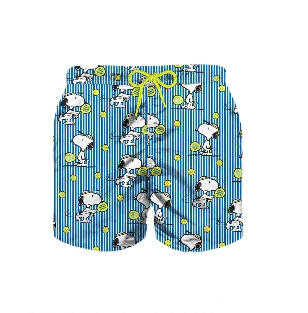 Saint Barth MC2 Costume Boxer Jean a Righe Bianche e Azzurre Stampa Tennis