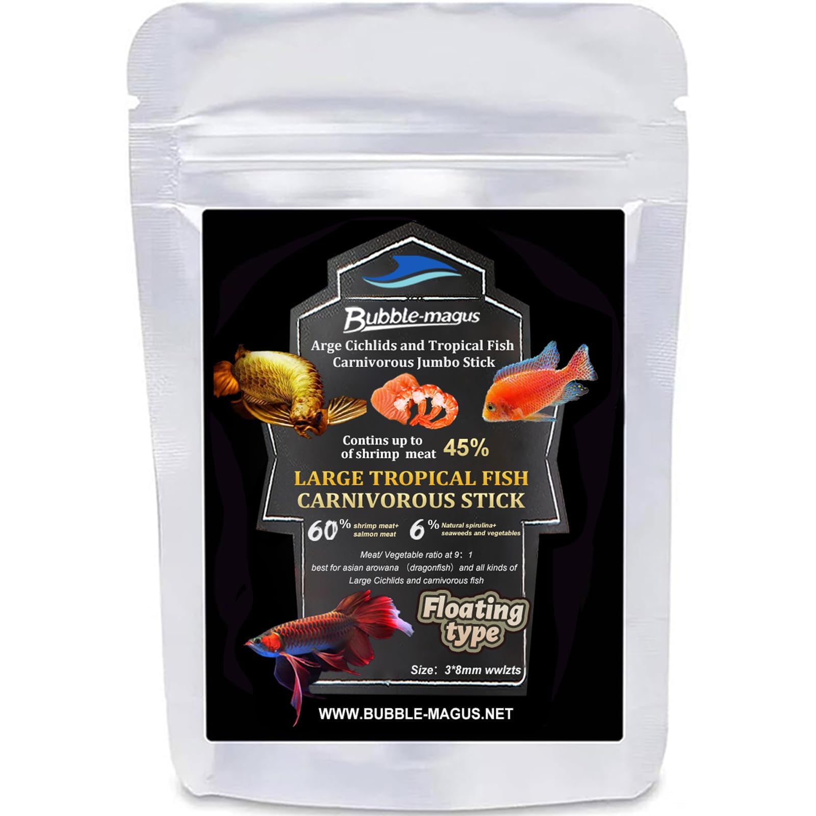 Bubble Magus Monster Fish Food, 60% Shrimp Meat and Salmon Meat, Floating Sticks for Pufferfish. Oscars, Bass, Large Cichlids and Tropical Fish,