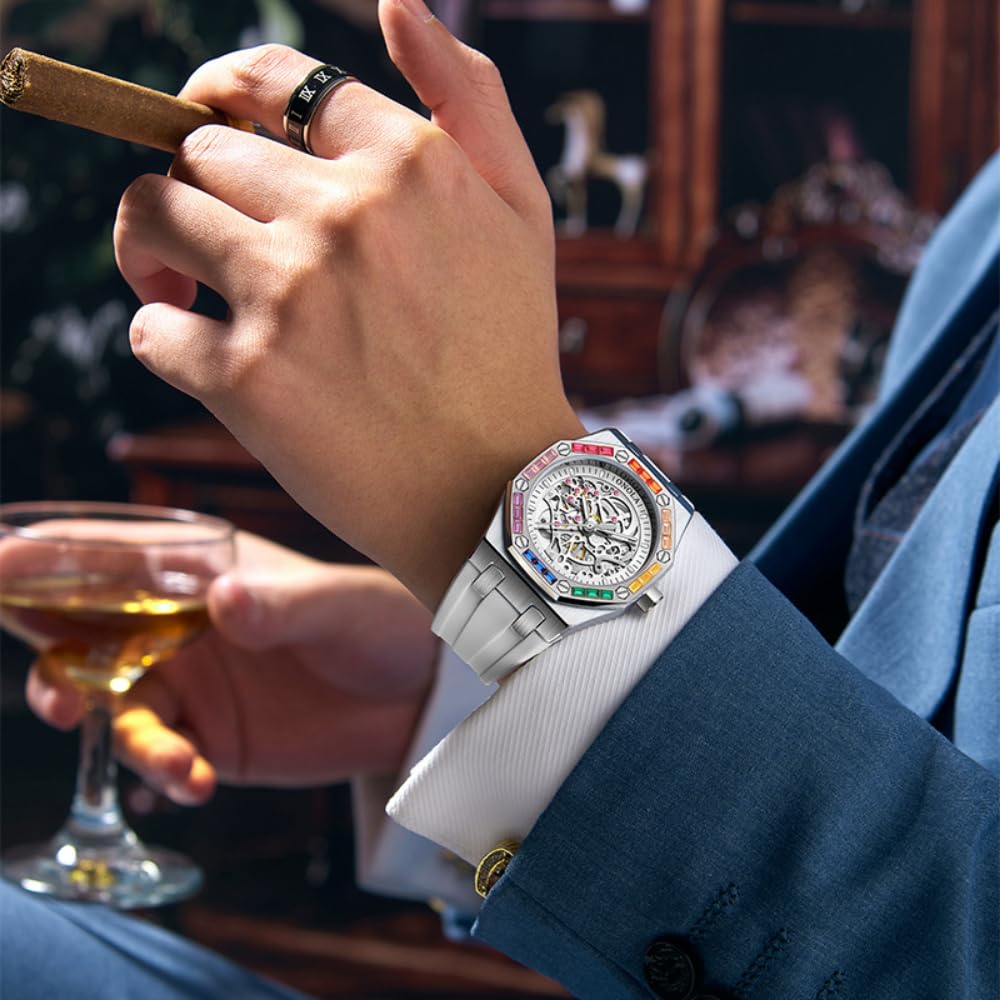 Reloj de pulsera para hombre, diseño de arco iris, con bisel de diamante, esqueleto hueco, automático, correa de silicona, impermeable, luminoso
