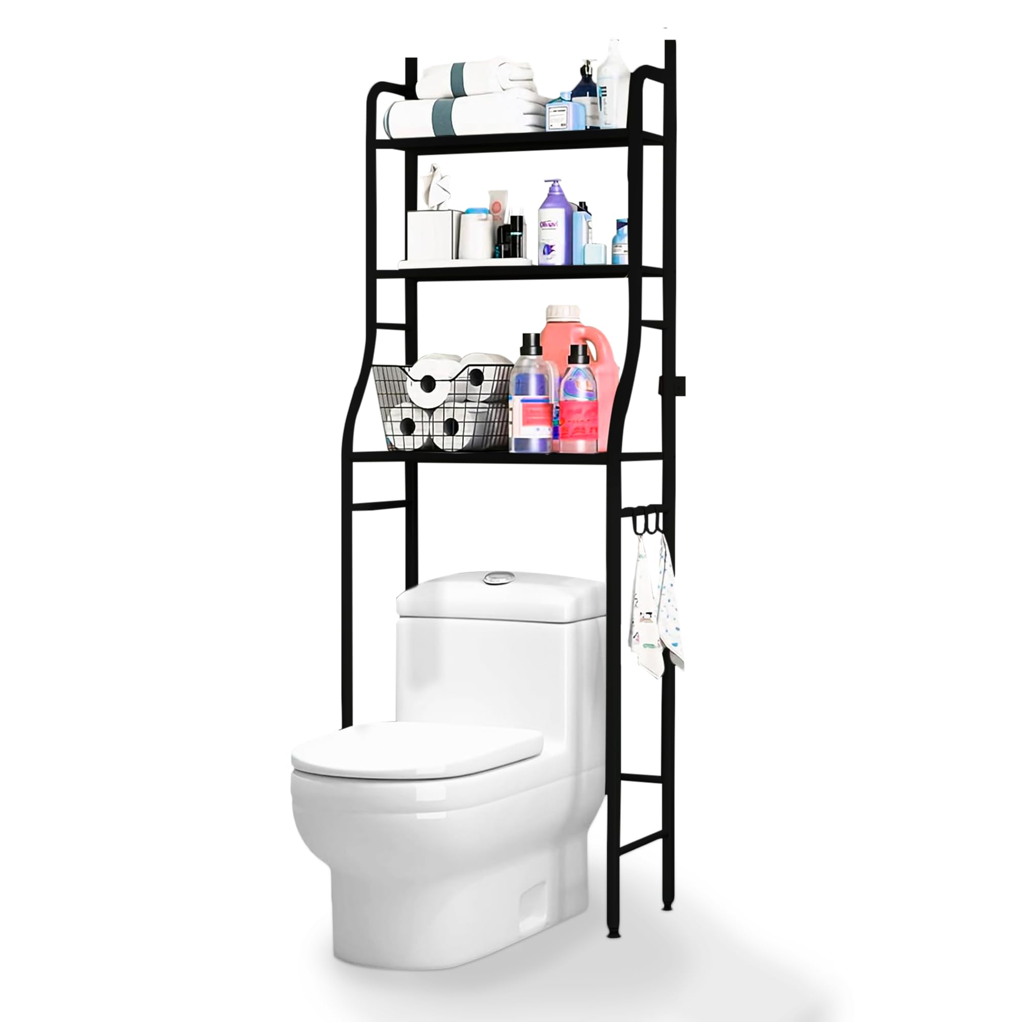 JUPPLIES Estanteria Baño sobre Inodoro (47×26×153 cm) - Mueble Baño WC de 3 Niveles con Patas Regulables y Soporte Antivuelco - Estante de Almacenamiento Impermeable, Organizador para Toallas - Negro