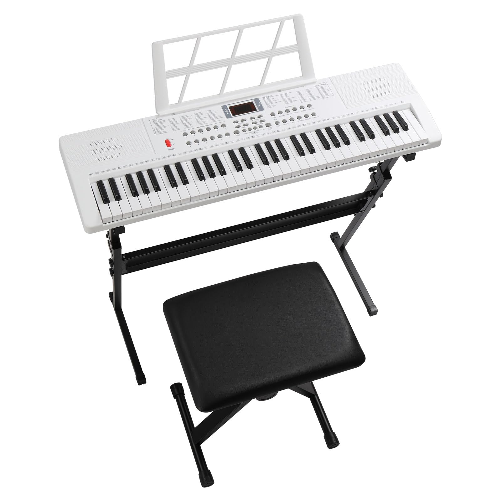 LEADZM Clavier Piano 61 Touches, Piano Numérique avec Support de Clavier, Banc de Piano, Pupitre, Casque, Microphone, Écran LED, 3 Modes D'apprentissage pour Débutants (Blanc)