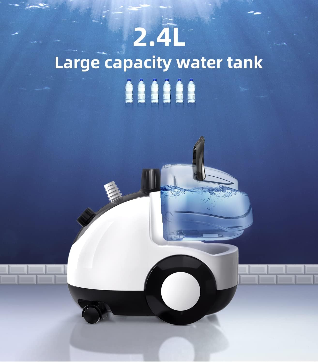 Filling the 2.4L water tank of the steamer