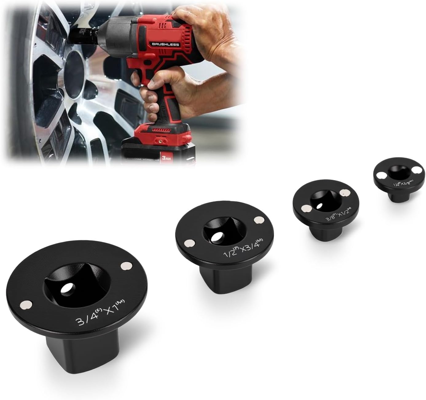 Qivine Low Profile Impact Socket Adapter Set 4Pcs, 1/2 to 3/4 Drive Ratchet Adapter Set with Durable Material Designed for Tight Spaces 3/8" to 1/2", 1/4" to 3/8", 3/4" to 1"