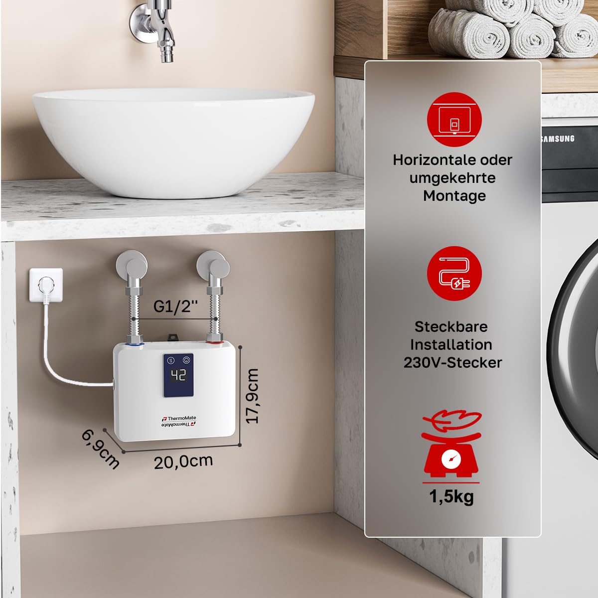 ThermoMate Mini Durchlauferhitzer 3,5kW für Handwaschbecken | Elektrisch Klein Warmwasserbereiter für Küche und Badezimmer, Druckfest, Platzsparend mit Stecker, 230V