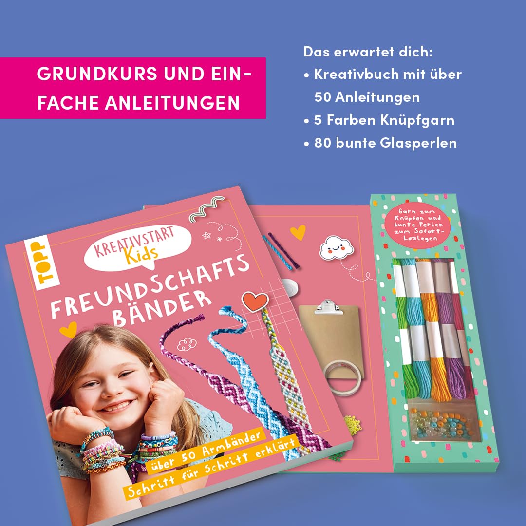 Kreativstart Kids Freundschaftsbänder. Anleitungsbuch und Material: über 50 Armbänder Schritt für Schritt erklärt. Garn zum Knüpfen und bunte Perlen zum Sofort-Loslegen