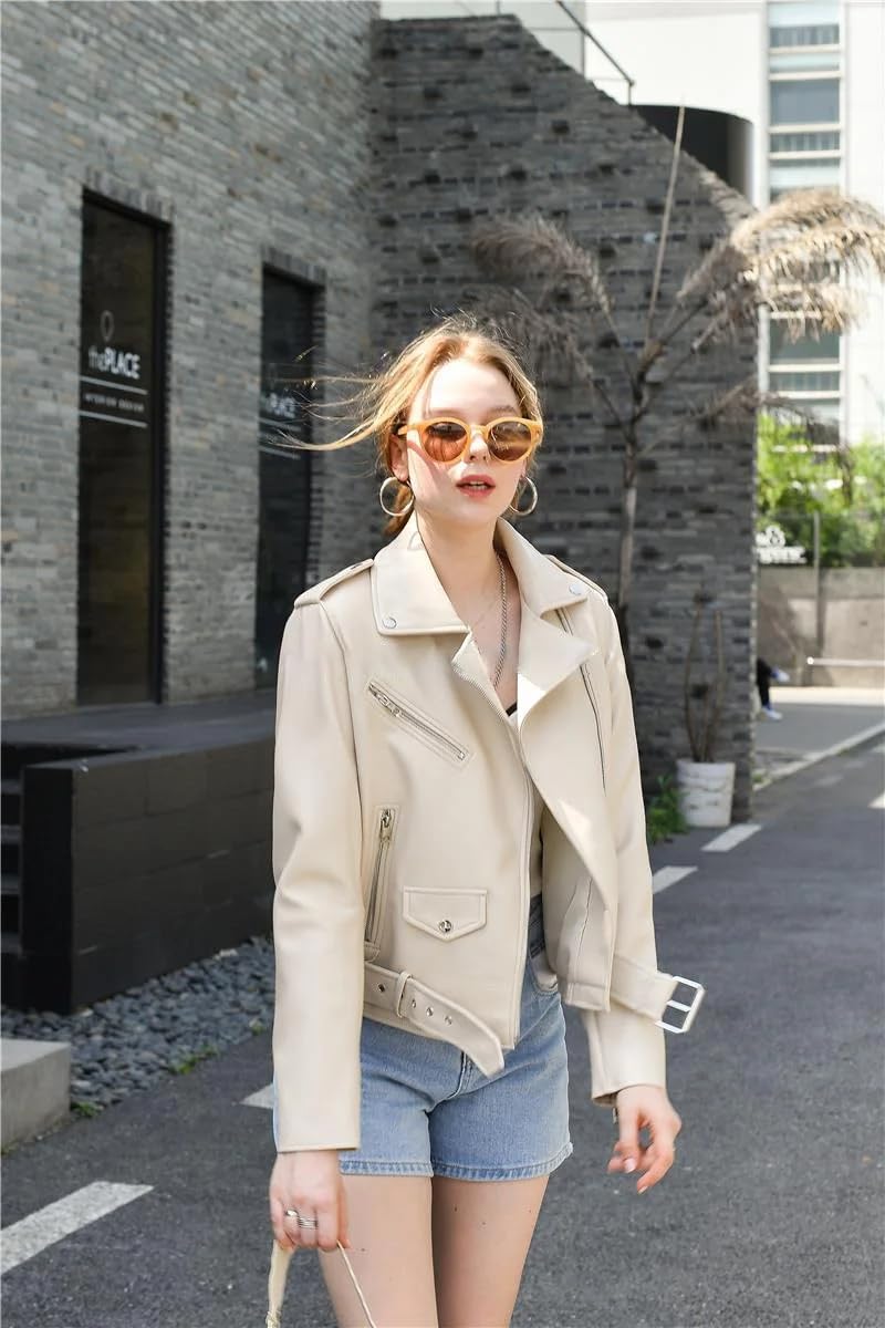 Primavera Autunno Morbido Faux Giacca In Pelle Con Cintura Donne Risvolto Moto Cappotto Cerniera Moto Biker Outwear Giacca Donna