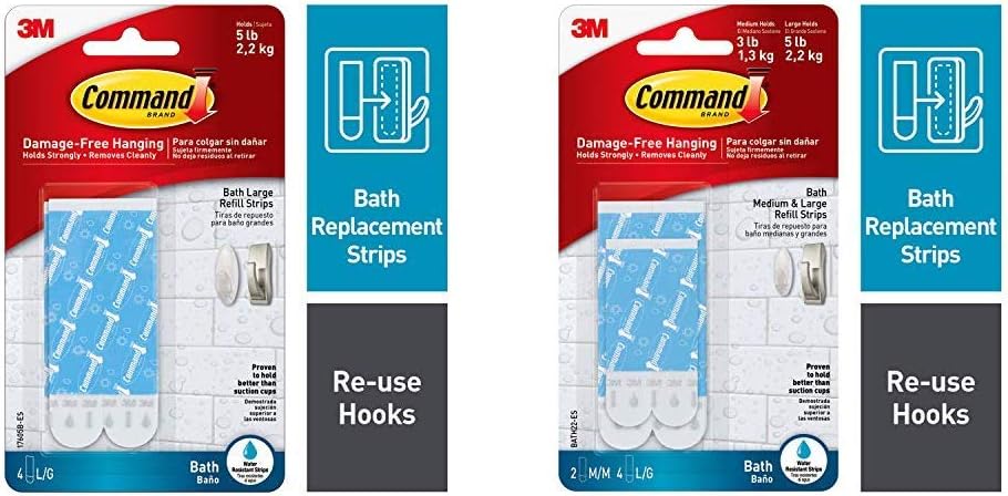Command Large Water-Resistant Refill Strips, 4-Strip with Command Bath Water Resistant Refill Strips, 2-Medium and 4-Large Strips (BATH22-ES-E)