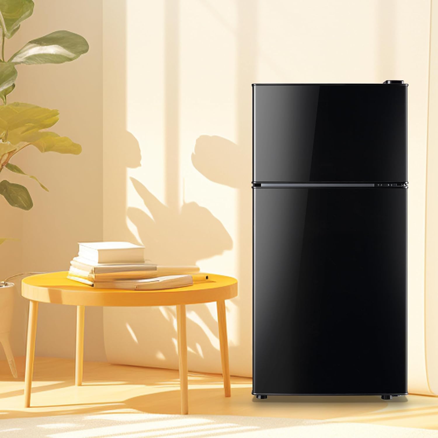 DEMULLER Retro Mini Fridge with Freezer Dual Door Apartment Size Small Refrigerator with Egg Tray, Dorm Compact Fridge with Removable Plastic Shelves, 2.4Cu.ft, 14.96" D x 14.57" W x 30.8" H, Black