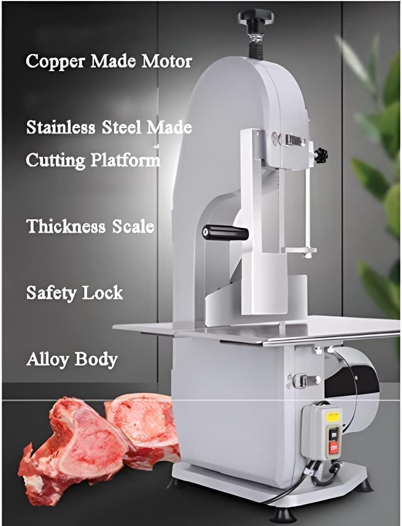 Sierra eléctrica comercial para huesos con mesa de acero inoxidable, sierra de cinta de alta potencia de 1600 W para cortar carne y huesos, pescado y carne de res.