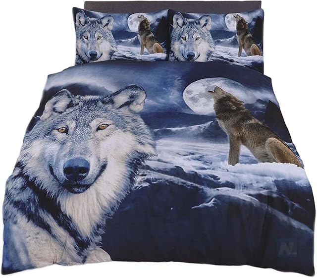 Northern Luxe NORTHERNLUXE - 3D Duvet Cover set Animal Effect for Children's and Adults Printed Quilt Bedding Set with Pillow Cases (Wolf, Double)