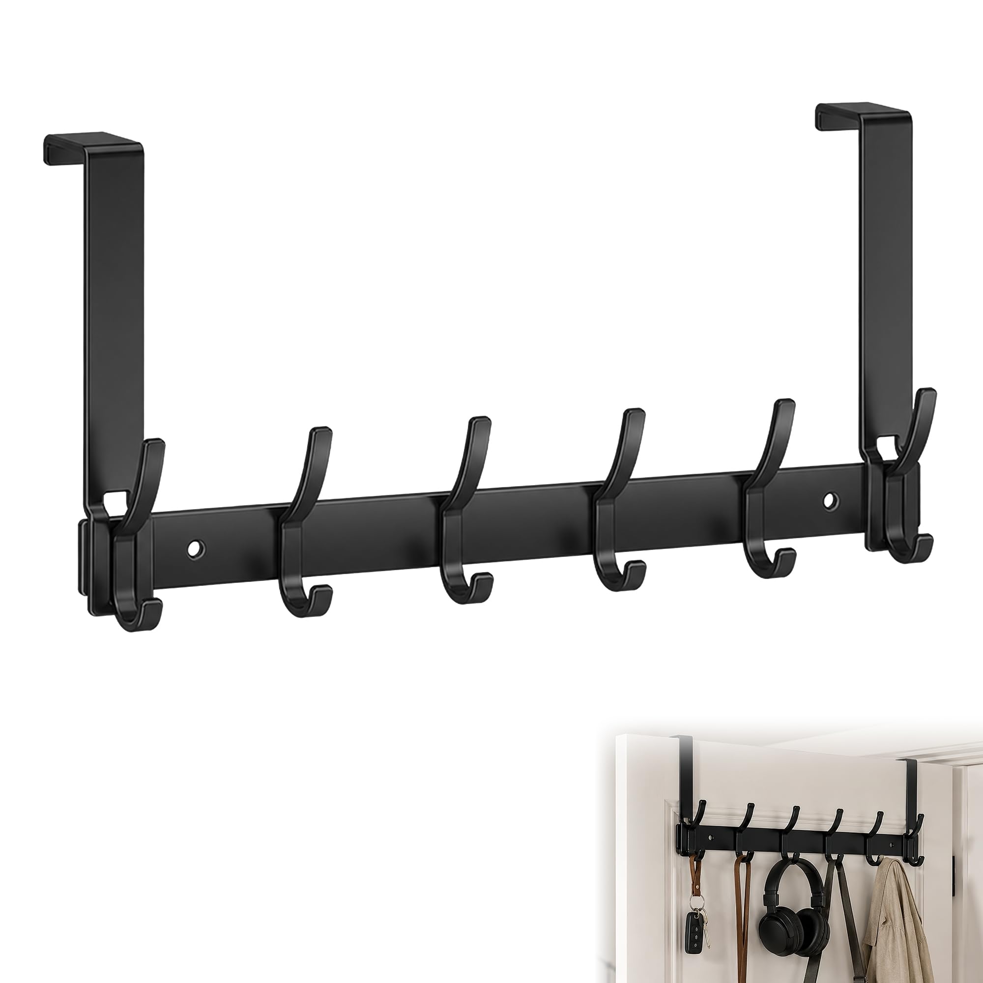 Mechioo Over Door Hooks, Black 6 Hooks Drill‑Free Clothes Hanger