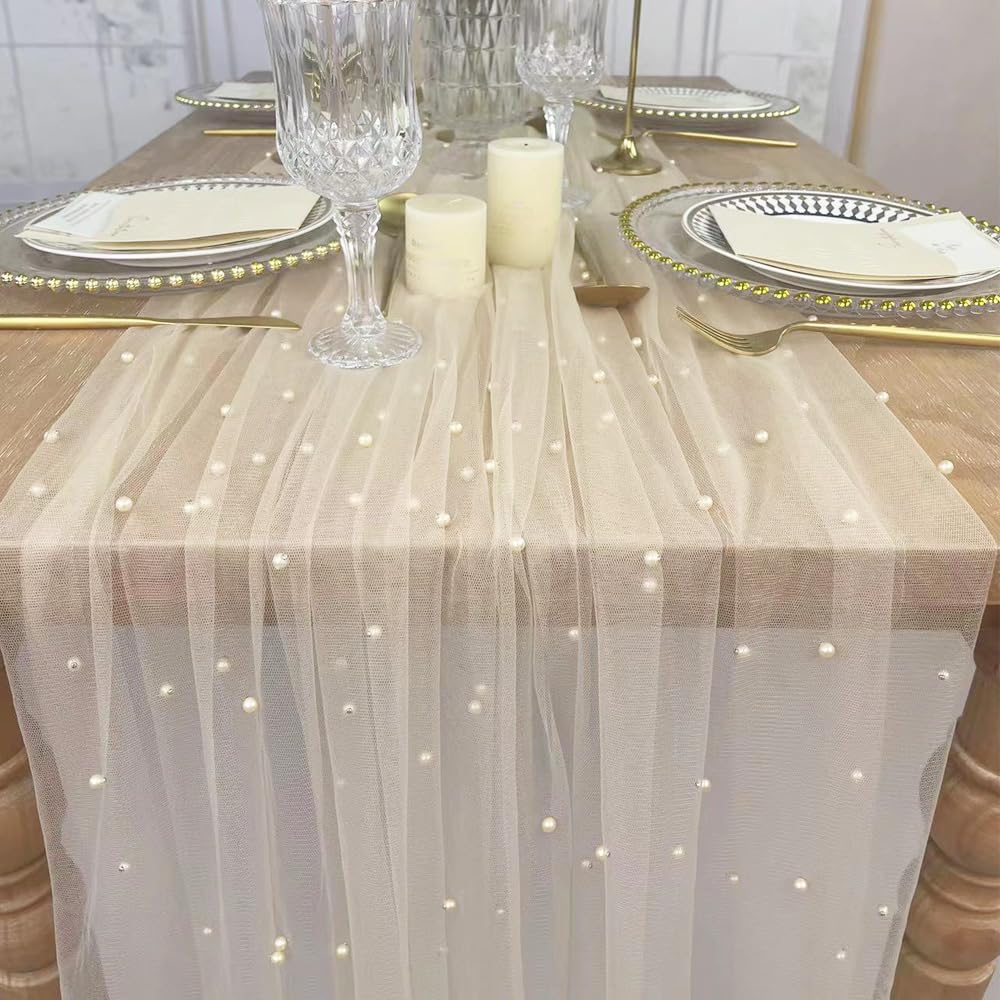 4 Stück 3 m, 152 x 305 cm, Champagnerperlen, eleganter Polyester-Tischläufer mit künstlichen Perlen-Akzenten, extra langer Tüll-Tischläufer für Hochzeit