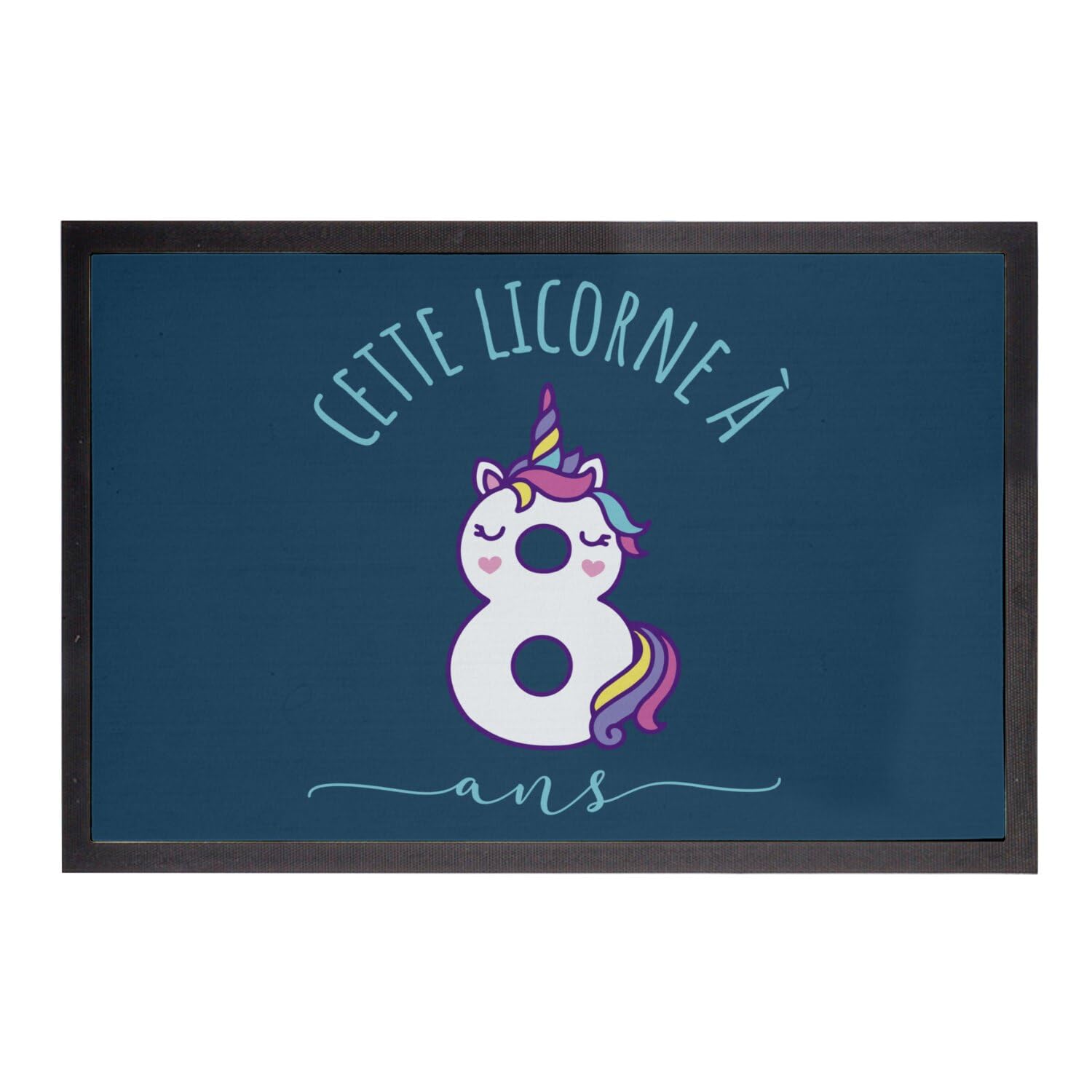 Paillasson bleu unique célébrant l'anniversaire d'une licorne de 8 ans
