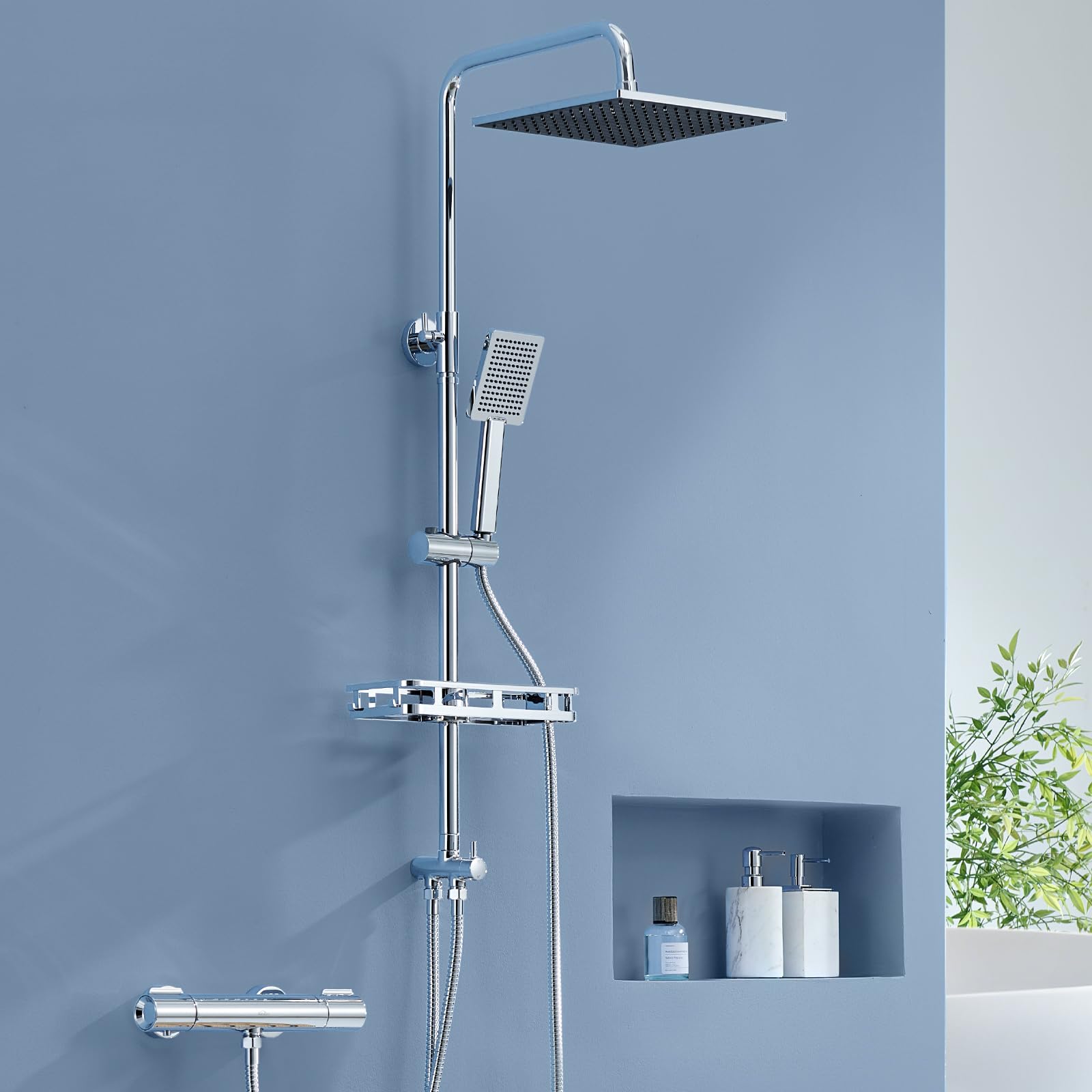 Auralum Colonna Doccia con Miscelatore Termostatico e Mensola Doccia XXL, Colonna Doccia Fori Muro Regolabili con Soffione a Pioggia Quadrato 25cm, Asta Doccia Altezza Regolabile 72-110cm, Cromo