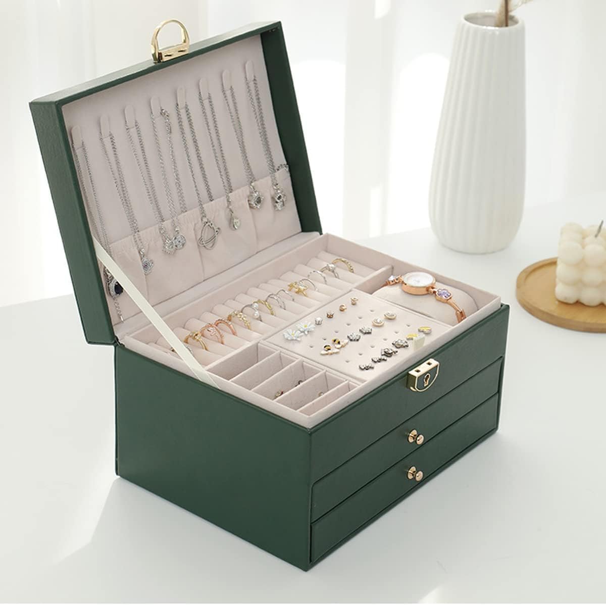Cloyster Women Jewelry Organizer Box 3 Layers Velvet Lockable Storage Box for Rings Necklace and Earrings (DT-03), Green