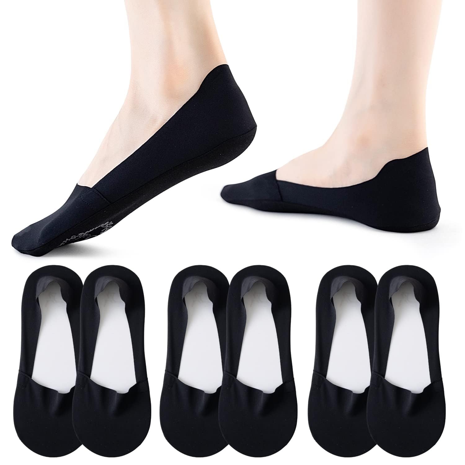 Fchui Women's 6 Black No Show Socks - 6 Pairs Ice Silk Invisible Shoe Liners, Thin Low Cut Non-Slip Boat Socks