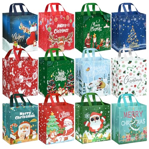 DECHISY 12Pack Small Christmas Bags Non-Woven Reusable Christmas Bags Xmas Tote Bag for Presents Shopping Party (27×20×10 cm)