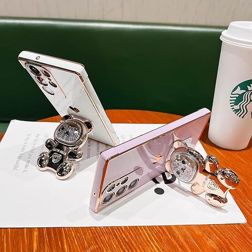 Miniatura 4 de Bonita funda compatible con Samsung Galaxy S22 Ultra de 6.8 pulgadas, cuentas de lujo de color dorado 3D con soporte de oso de dibujos animados para