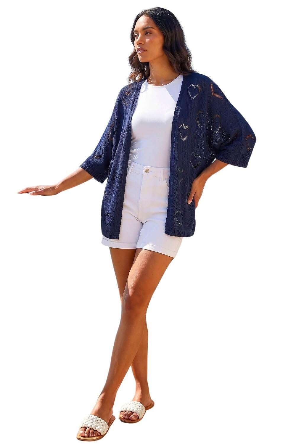 Roman Originals Pointelle Heart Knit Cardigan for Women UK - Ladies Everyday Holiday Spring Summer Comfy Soft Evening Vacation Work Party - Navy - Size S