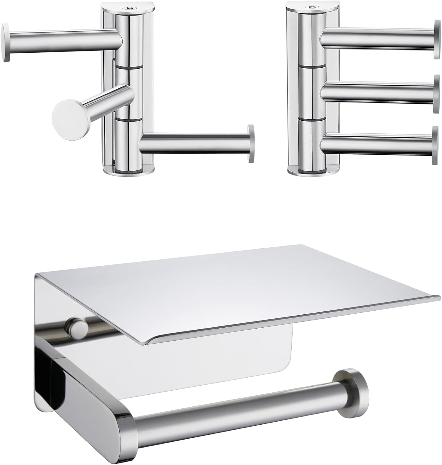 APLusee Polished Chrome 304 Stainless Steel Toilet Paper Holder with Shelf, Swivel Towel Hook 2 Pack Bundle, Wall Mounted