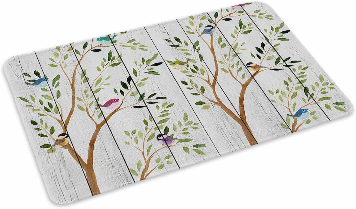 Birds Front Door Mat Indoor Outdoor Entrance Welcome Floor Mats, Spring Branch Leaves Animals Country Wooden Grain Heavy Duty Absorbent Doormat, Non-Slip Rugs for High Traffic Areas 16"x24"