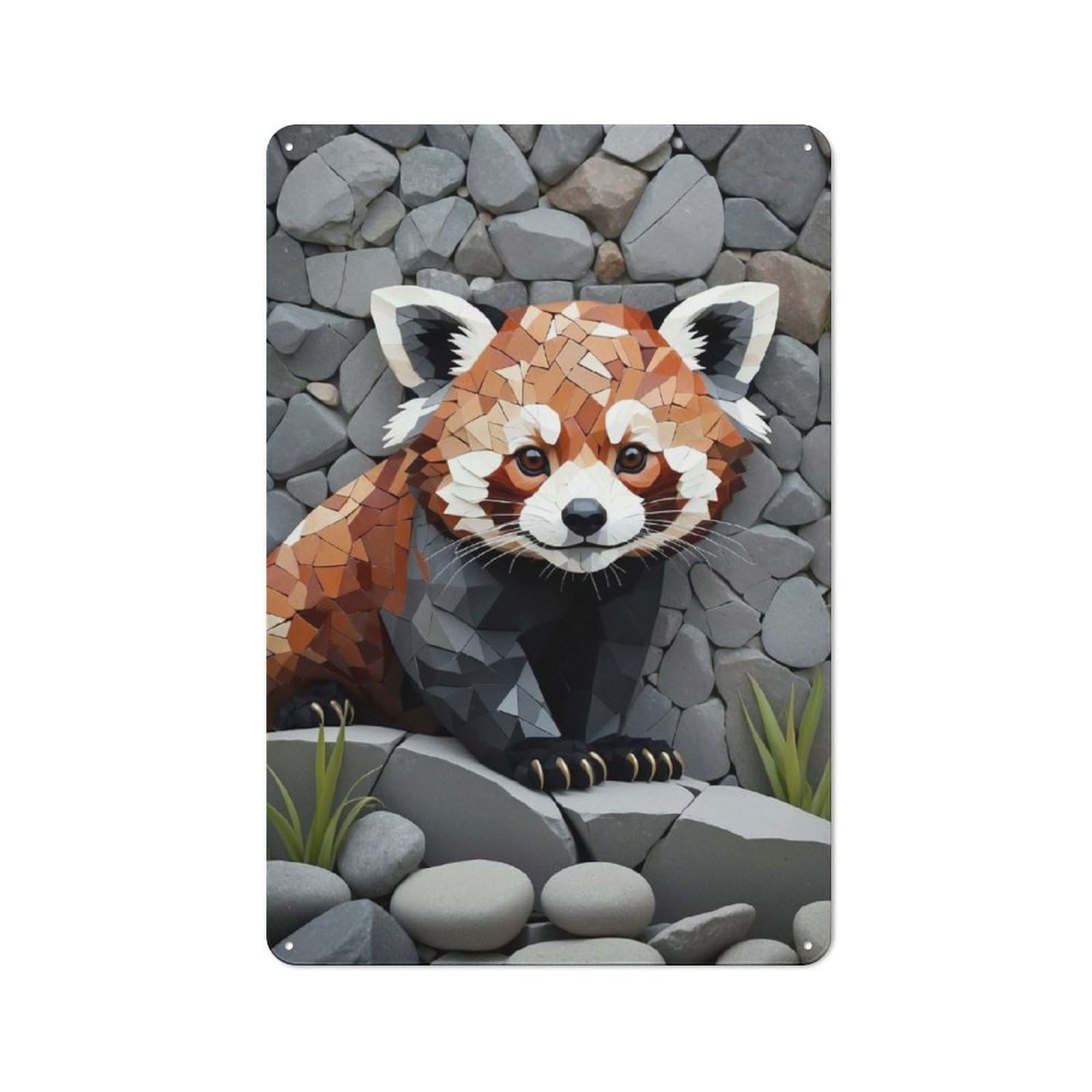 Junmoney Style-12 Mosaic Red Panda On Stone Wall Tin Wall Plaque 30X20cm, Barn Style Rustic Kitchen Decor For Farmhouse Kitchen, Pantry Or Dining Area