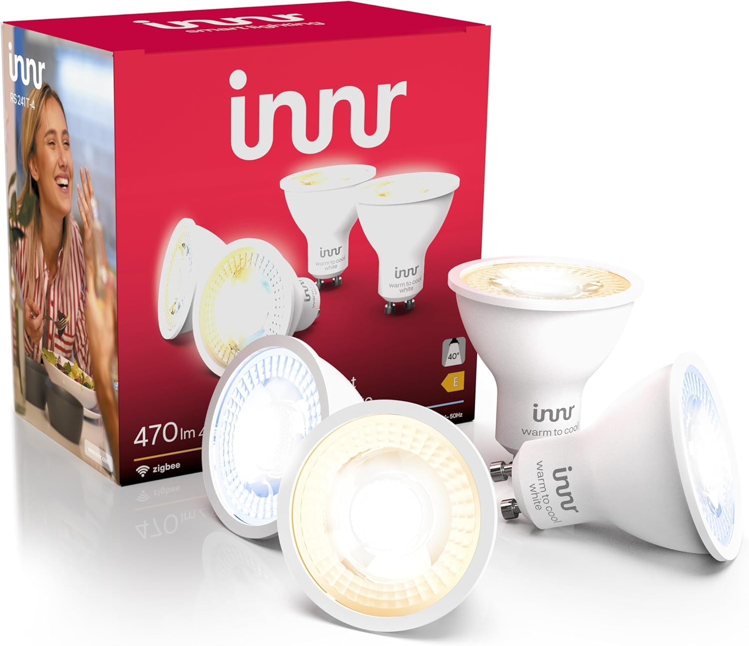 innr innr GU10 Zigbee Smart Lampe, funktioniert mit Hue* und Alexa (Bridge erforderlich), Warm- bis Kühlweiß, GU10 LED Spots dimmbar, Smart Home Lampe, 470lm, 4 Stück