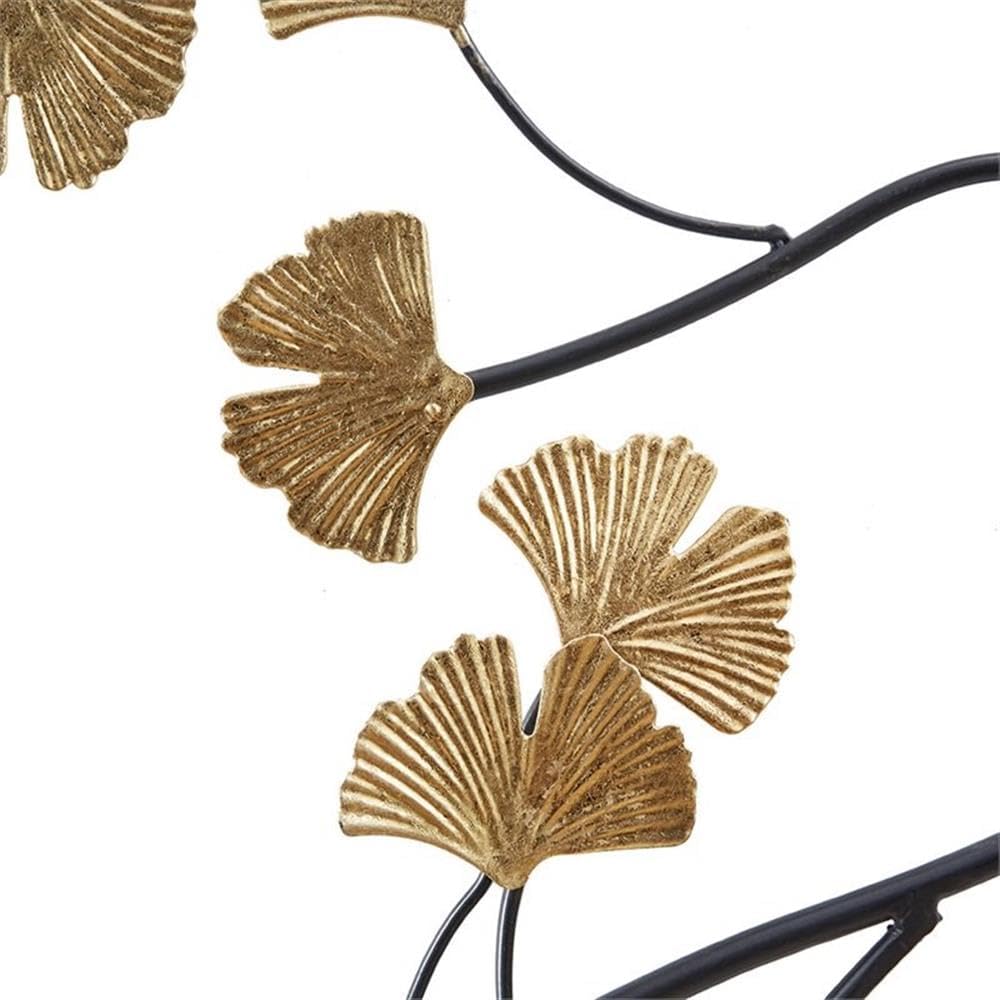 Pemberly Row Transitional Metal Wall Art, Black Frame with Gold Gingko Leaves, 3-Piece Set, Circular Design, 14.6"x35.4" Center and 9.5"x31.3" Side Panels, Elegant Living Room or Home Office Decor