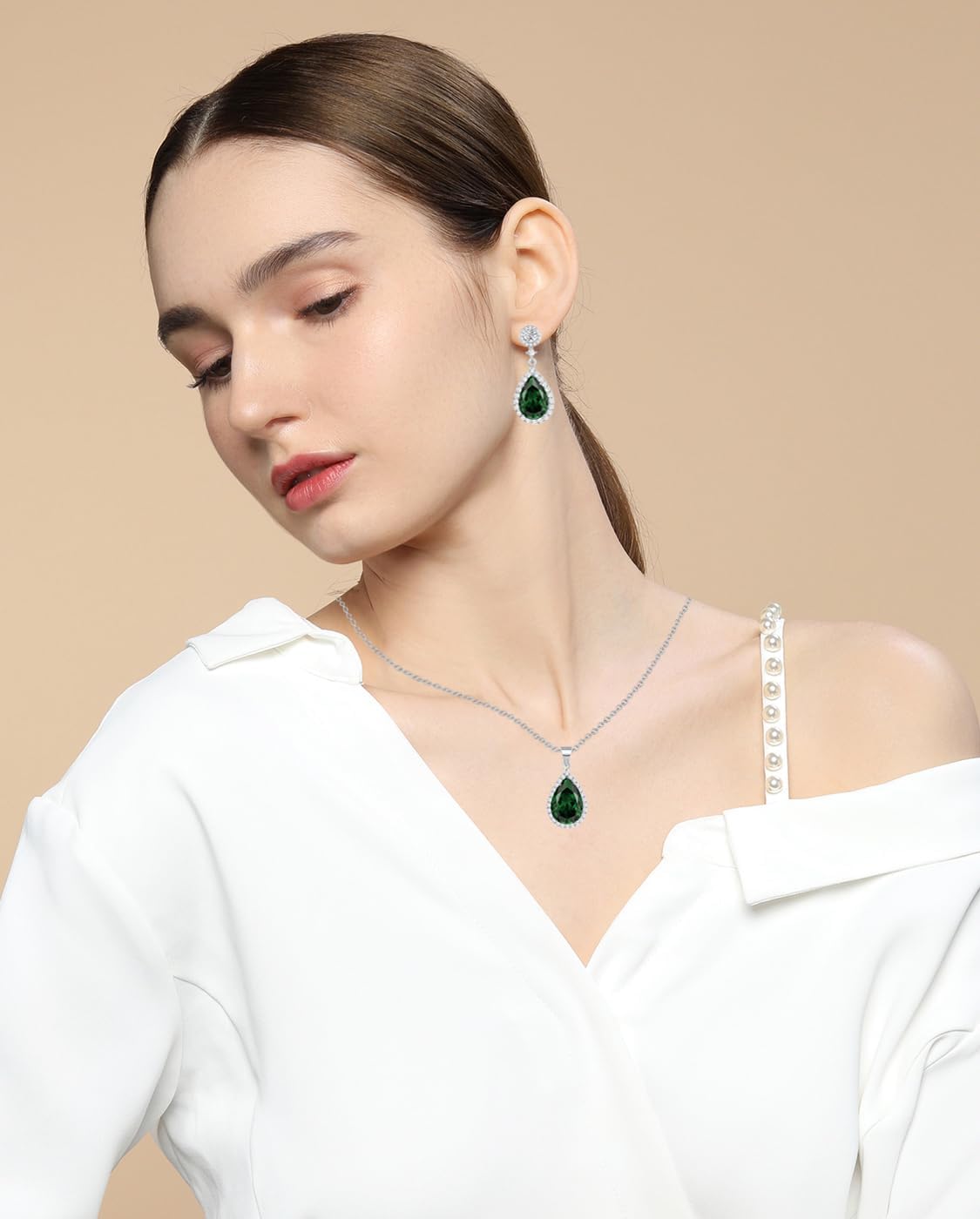 REASAYLL Jewelry Sets For Women 925 Sterling Silver Post Teardrop Dangle Stud Earrings Necklace Set Crystal Rhinestone Wedding Prom Costume Jewelry for Women - Image 2