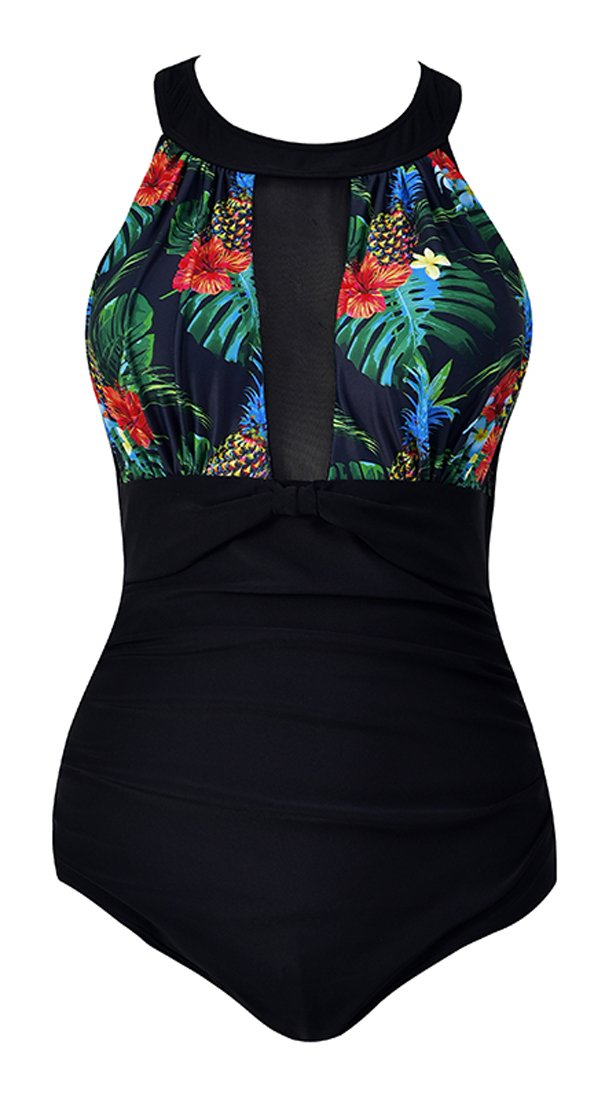 Viloree Women's Swimsuit One Piece Monokinis Swimming Costume Swimwear High Neck Mesh Flower #1 2XL